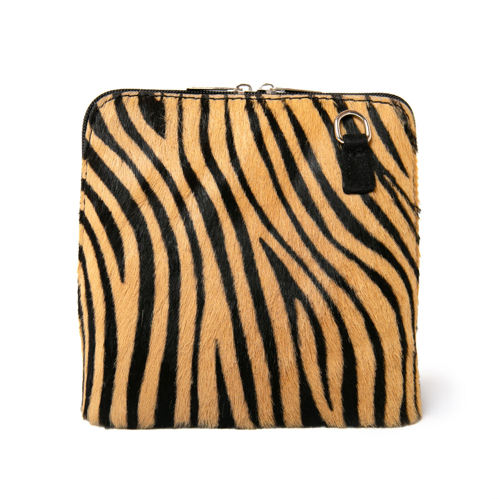 Bronte Animal Print crossbody Tiger bag 100% Italian leather silver hardware side zip.